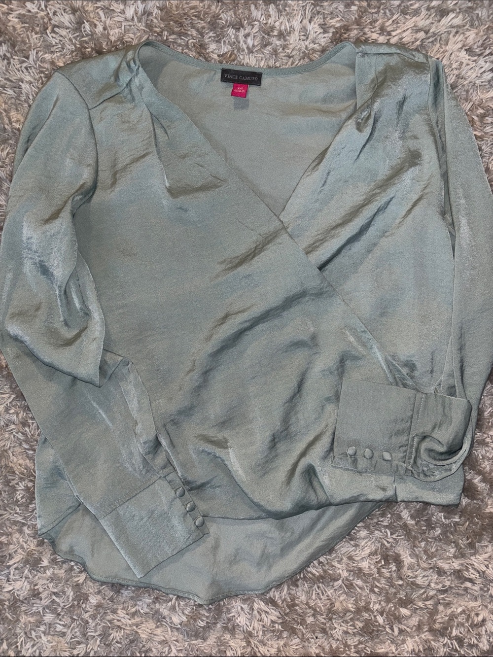 Vince Camuto Satin Wrap Blouse in Dusty Sage